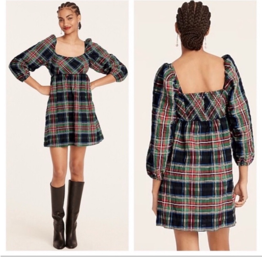 NWT JCrew Stewart Tartan Puff Sleeve Mini Dress Size 6 preppy holiday